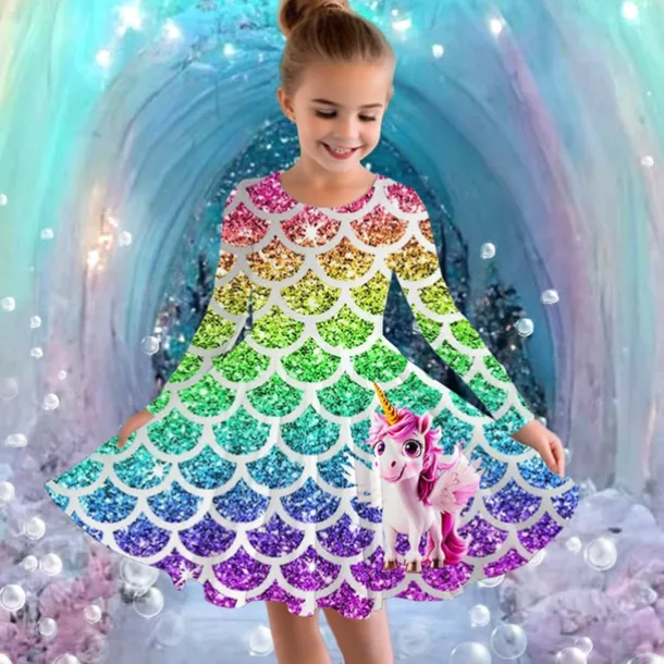 Girls' 3D Graphic Unicorn Dress Long Sleeve Summer Spring Vacation Daily Holiday Princess Beautiful Sweet Kids 4-12 Years Casual Dress A Line Dress Knee-length Regular Fit
