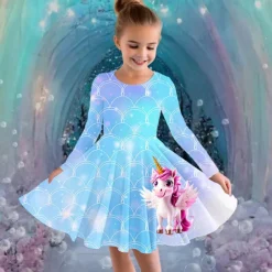 Girls' 3D Graphic Unicorn Dress Long Sleeve Summer Spring Vacation Daily Holiday Princess Beautiful Sweet Kids 4-12 Years Casual Dress A Line Dress Knee-length Regular Fit