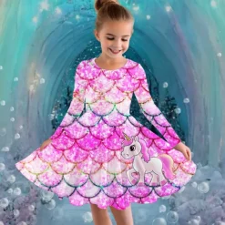 Girls' 3D Graphic Unicorn Dress Long Sleeve Summer Spring Vacation Daily Holiday Princess Beautiful Sweet Kids 4-12 Years Casual Dress A Line Dress Knee-length Regular Fit