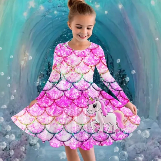 Girls' 3D Graphic Unicorn Dress Long Sleeve Summer Spring Vacation Daily Holiday Princess Beautiful Sweet Kids 4-12 Years Casual Dress A Line Dress Knee-length Regular Fit