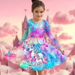 Girls' 3D Graphic Unicorn Dress Long Sleeve Summer Spring Vacation Daily Holiday Princess Beautiful Sweet Kids 4-12 Years Casual Dress A Line Dress Knee-length Regular Fit