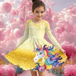 Girls' 3D Graphic Unicorn Dress Long Sleeve Summer Spring Vacation Daily Holiday Princess Beautiful Sweet Kids 4-12 Years Casual Dress A Line Dress Knee-length Regular Fit