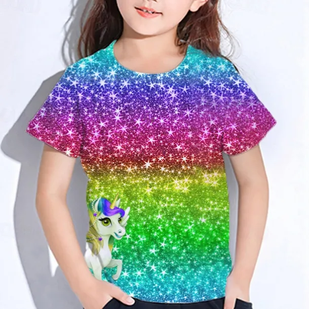 Girls' 3D Graphic Unicorn T shirt Tee Short Sleeve Summer Spring Fashion Basic Kids 4-12 Years Crew Neck Outdoor Casual Daily Regular Fit