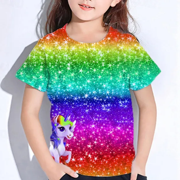 Girls' 3D Graphic Unicorn T shirt Tee Short Sleeve Summer Spring Fashion Basic Kids 4-12 Years Crew Neck Outdoor Casual Daily Regular Fit