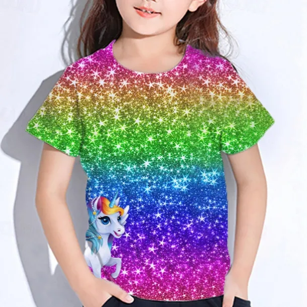 Girls' 3D Graphic Unicorn T shirt Tee Short Sleeve Summer Spring Fashion Basic Kids 4-12 Years Crew Neck Outdoor Casual Daily Regular Fit