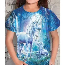Girls' 3D Graphic Unicorn T shirt Tee Short Sleeve Summer Spring Fashion Basic Kids 4-12 Years Crew Neck Outdoor Casual Daily Regular Fit