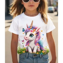 Girls' 3D Graphic Unicorn T shirt Tee Short Sleeve Summer Spring Fashion Basic Kids 4-12 Years Crew Neck Outdoor Casual Daily Regular Fit