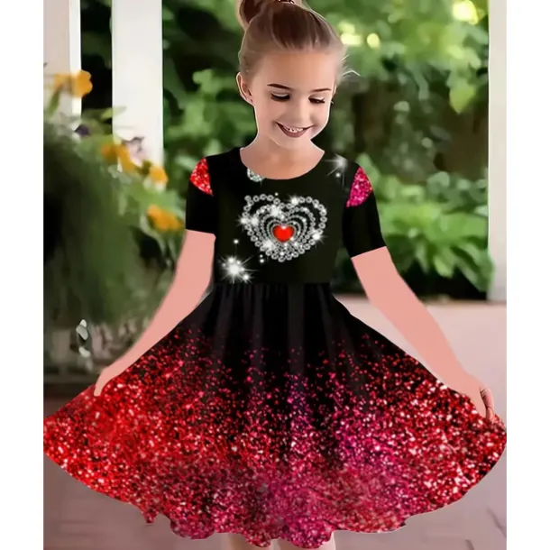 Girls' 3D Heart Graphic Dress Short Sleeve Summer Spring Vacation Daily Holiday Princess Beautiful Sweet Kids 4-12 Years Casual Dress A Line Dress Knee-length Regular Fit