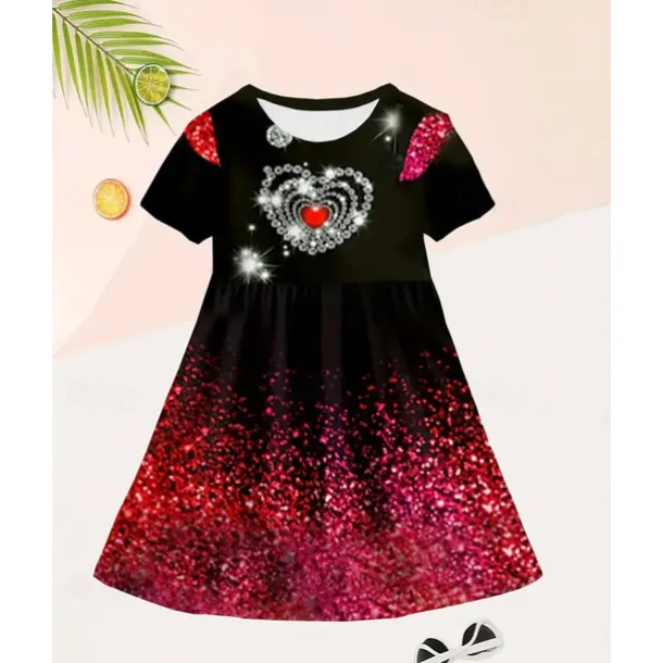 Girls' 3D Heart Graphic Dress Short Sleeve Summer Spring Vacation Daily Holiday Princess Beautiful Sweet Kids 4-12 Years Casual Dress A Line Dress Knee-length Regular Fit