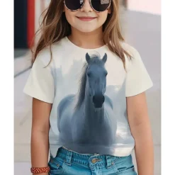 Girls' 3D Horse T shirt Tee Short Sleeve Summer Spring Fashion Basic Kids 4-12 Years Crew Neck Outdoor Casual Daily Regular Fit