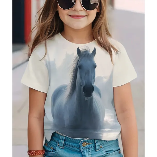 Girls' 3D Horse T shirt Tee Short Sleeve Summer Spring Fashion Basic Kids 4-12 Years Crew Neck Outdoor Casual Daily Regular Fit