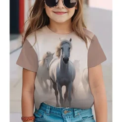 Girls' 3D Horse T shirt Tee Short Sleeve Summer Spring Fashion Basic Kids 4-12 Years Crew Neck Outdoor Casual Daily Regular Fit