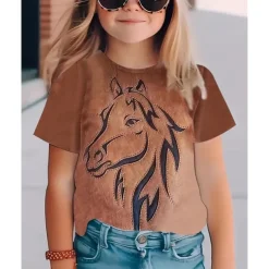 Girls' 3D Horse T shirt Tee Short Sleeve Summer Spring Fashion Basic Kids 4-12 Years Crew Neck Outdoor Casual Daily Regular Fit