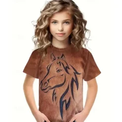 Girls' 3D Horse T shirt Tee Short Sleeve Summer Spring Fashion Basic Kids 4-12 Years Crew Neck Outdoor Casual Daily Regular Fit
