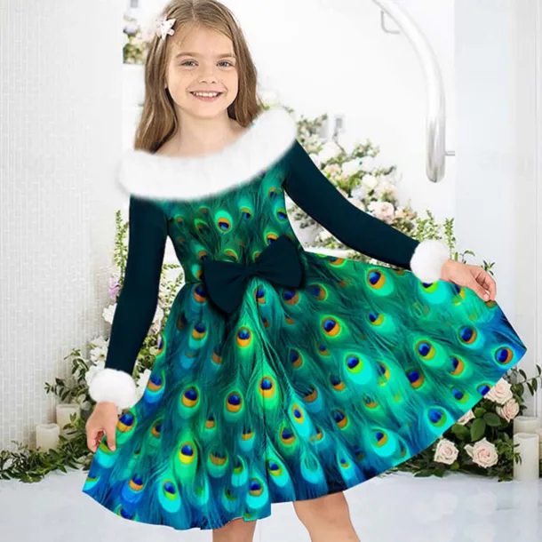 Girls' 3D Peacock Dress Long Sleeve 3D Print Fall Winter Vacation Sports & Outdoor Daily Cute Casual Beautiful Kids 3-12 Years Casual Dress Swing Dress A Line Dress Above Knee Regular Fit