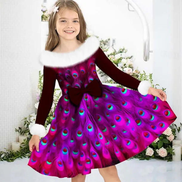 Girls' 3D Peacock Dress Long Sleeve 3D Print Fall Winter Vacation Sports & Outdoor Daily Cute Casual Beautiful Kids 3-12 Years Casual Dress Swing Dress A Line Dress Above Knee Regular Fit