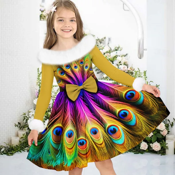 Girls' 3D Peacock Dress Long Sleeve 3D Print Fall Winter Vacation Sports & Outdoor Daily Cute Casual Beautiful Kids 3-12 Years Casual Dress Swing Dress A Line Dress Above Knee Regular Fit