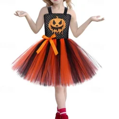 Girls' 3D Pumpkin Party Dress Sleeveless Summer Performance Party Birthday Basic Halloween Custome Little Kids(4-7ys) 4-7 Years Party Dress Swing Dress Tulle Dress Midi Polyester Regular Fit
