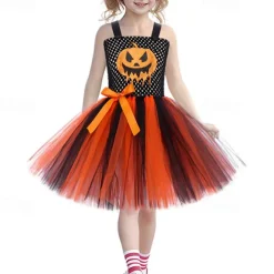 Girls' 3D Pumpkin Party Dress Sleeveless Summer Performance Party Birthday Basic Halloween Custome Little Kids(4-7ys) 4-7 Years Party Dress Swing Dress Tulle Dress Midi Polyester Regular Fit