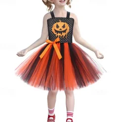 Girls' 3D Pumpkin Party Dress Sleeveless Summer Performance Party Birthday Basic Halloween Custome Little Kids(4-7ys) 4-7 Years Party Dress Swing Dress Tulle Dress Midi Polyester Regular Fit