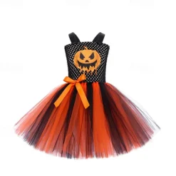 Girls' 3D Pumpkin Party Dress Sleeveless Summer Performance Party Birthday Basic Halloween Custome Little Kids(4-7ys) 4-7 Years Party Dress Swing Dress Tulle Dress Midi Polyester Regular Fit