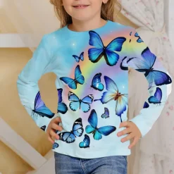 Girls' 3D Rainbow Butterfly T shirt Long Sleeve 3D Print Fall Active Kids 4-12 Years Regular Fit