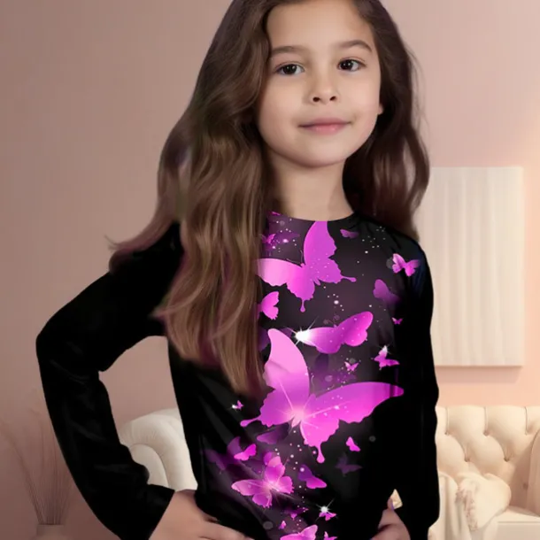 Girls' 3D Rainbow Butterfly T shirt Long Sleeve 3D Print Fall Active Kids 4-12 Years Regular Fit