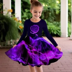 Girls' 3D Rose Dress Long Sleeve 3D Print Fall Winter Vacation Sports & Outdoor Daily Cute Casual Beautiful Kids 3-12 Years Casual Dress A Line Dress Above Knee Regular Fit