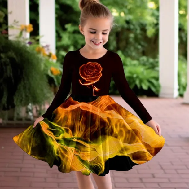 Girls' 3D Rose Dress Long Sleeve 3D Print Fall Winter Vacation Sports & Outdoor Daily Cute Casual Beautiful Kids 3-12 Years Casual Dress A Line Dress Above Knee Regular Fit