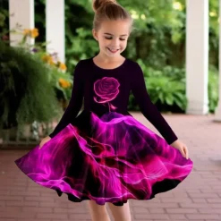 Girls' 3D Rose Dress Long Sleeve 3D Print Fall Winter Vacation Sports & Outdoor Daily Cute Casual Beautiful Kids 3-12 Years Casual Dress A Line Dress Above Knee Regular Fit