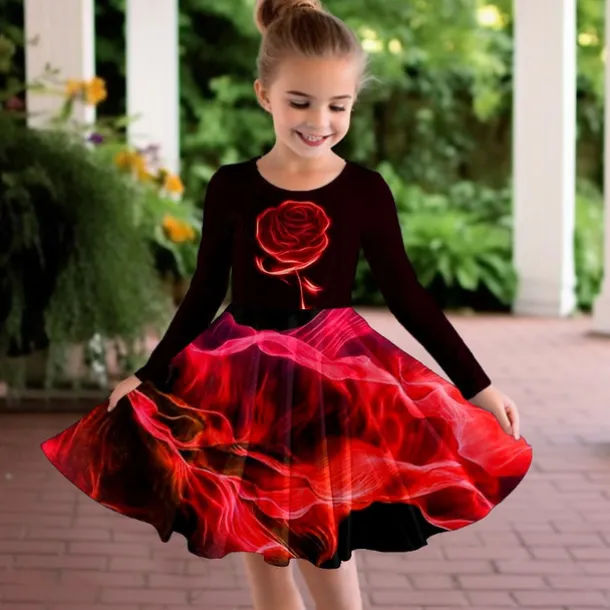 Girls' 3D Rose Dress Long Sleeve 3D Print Fall Winter Vacation Sports & Outdoor Daily Cute Casual Beautiful Kids 3-12 Years Casual Dress A Line Dress Above Knee Regular Fit