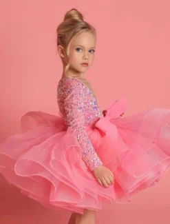 Girls' 3D Sequin Dress Long Sleeve Summer Spring Fall Wedding Party Birthday Elegant Princess Kids 3-12 Years Satin Organza dress to impress