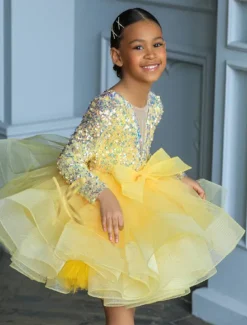 Girls' 3D Sequin Dress Long Sleeve Summer Spring Fall Wedding Party Birthday Elegant Princess Kids 3-12 Years Satin Organza dress to impress