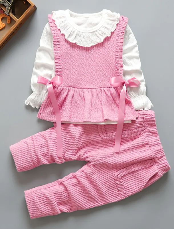 Girls' 3D Solid Color Clothing Set Long Sleeve Fall Winter Active Cute Basic Kids 1-5 Years Vacation Street Birthday Regular Fit