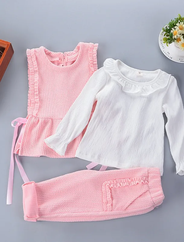 Girls' 3D Solid Color Clothing Set Long Sleeve Fall Winter Active Cute Basic Kids 1-5 Years Vacation Street Birthday Regular Fit