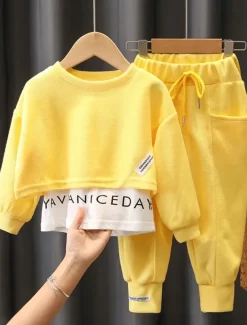 Girls' 3D Solid Color Letter Hoodie & Sweatpants Set Clothing Set Long Sleeve Fall Winter Cute Sweet Cotton Kids 3-10 Years Vacation Regular Fit