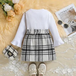 Girls' 3D Solid Color Plaid T-shirt & Skirt Long Sleeve Summer Cute Casual Toddler 4 years+ Crew Neck Outdoor Vacation Loose Fit