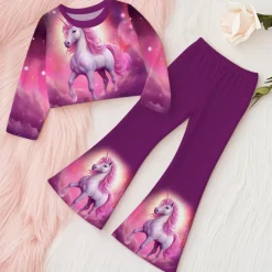 Girls' 3D Unicorn Set Sweatshirt & Flare Pants Set Long Sleeve 3D Print Fall Winter Active Fashion Daily Polyester Kids 3-12 Years Crew Neck Outdoor Date Vacation Regular Fit