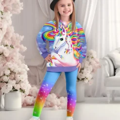 Girls' 3D Unicorn Sweatshirt & Legging Set Set Pink Long Sleeve 3D Print Fall Winter Active Fashion Daily Kids 3-12 Years Crew Neck Outdoor Vacation Date Regular Fit