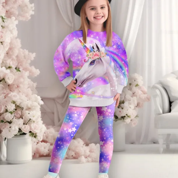 Girls' 3D Unicorn Sweatshirt & Legging Set Set Pink Long Sleeve 3D Print Fall Winter Active Fashion Daily Kids 3-12 Years Crew Neck Outdoor Vacation Date Regular Fit