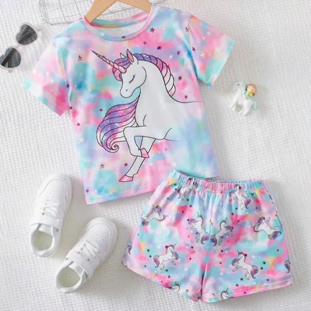 Girls' 3D Unicorn Tee & Shorts Pajama Set Pink Short Sleeve 3D Print Summer Active Fashion Cute Polyester Kids 3-12 Years Crew Neck Home Causal Indoor Regular Fit