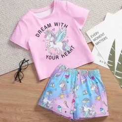 Girls' 3D Unicorn Tee & Shorts Pajama Set Pink Short Sleeve 3D Print Summer Active Fashion Cute Polyester Kids 3-12 Years Crew Neck Home Causal Indoor Regular Fit