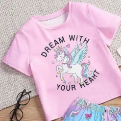 Girls' 3D Unicorn Tee & Shorts Pajama Set Pink Short Sleeve 3D Print Summer Active Fashion Cute Polyester Kids 3-12 Years Crew Neck Home Causal Indoor Regular Fit