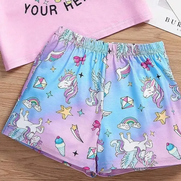 Girls' 3D Unicorn Tee & Shorts Pajama Set Pink Short Sleeve 3D Print Summer Active Fashion Cute Polyester Kids 3-12 Years Crew Neck Home Causal Indoor Regular Fit