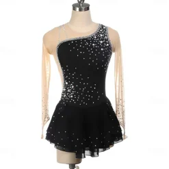 Girls Figure Skating Dress Long Sleeves One Shoulder Round Neck Rhinestone Ballet Dance Competition Costume
