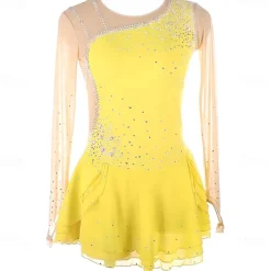 Girls Figure Skating Dress Long Sleeves One Shoulder Round Neck Rhinestone Ballet Dance Competition Costume