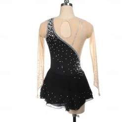 Girls Figure Skating Dress Long Sleeves One Shoulder Round Neck Rhinestone Ballet Dance Competition Costume