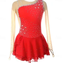 Girls Figure Skating Dress Long Sleeves One Shoulder Round Neck Rhinestone Ballet Dance Competition Costume