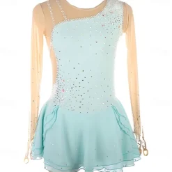 Girls Figure Skating Dress Long Sleeves One Shoulder Round Neck Rhinestone Ballet Dance Competition Costume