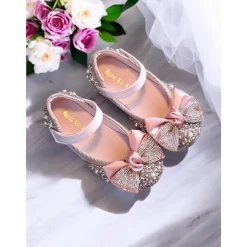 Girls' Glitter Bow Mary Jane Shoes – Sparkly Rhinestone Flower Girl Flats for Parties & Weddings